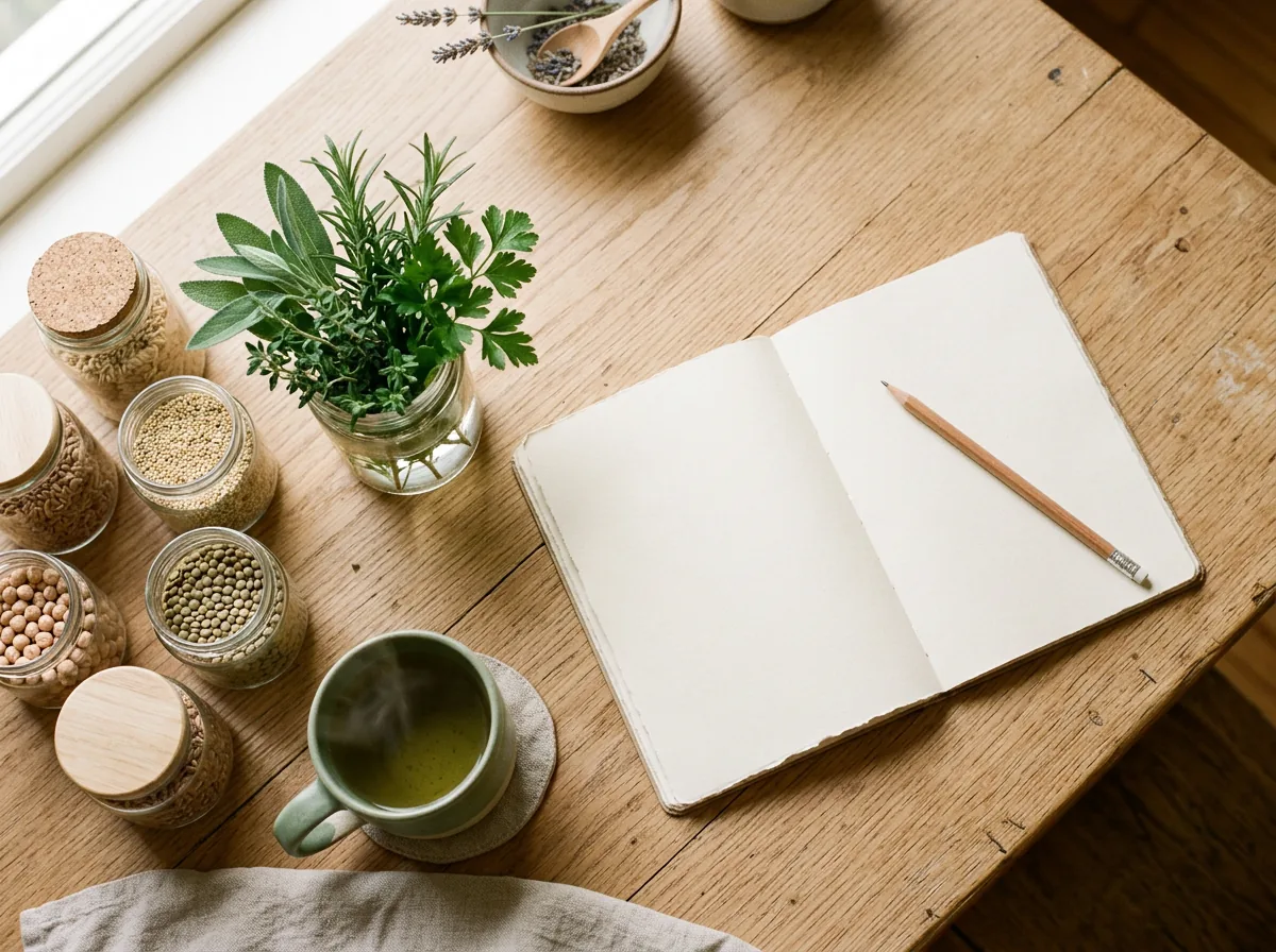 Planificación semanal de comidas con ingredientes naturales sobre una mesa de madera