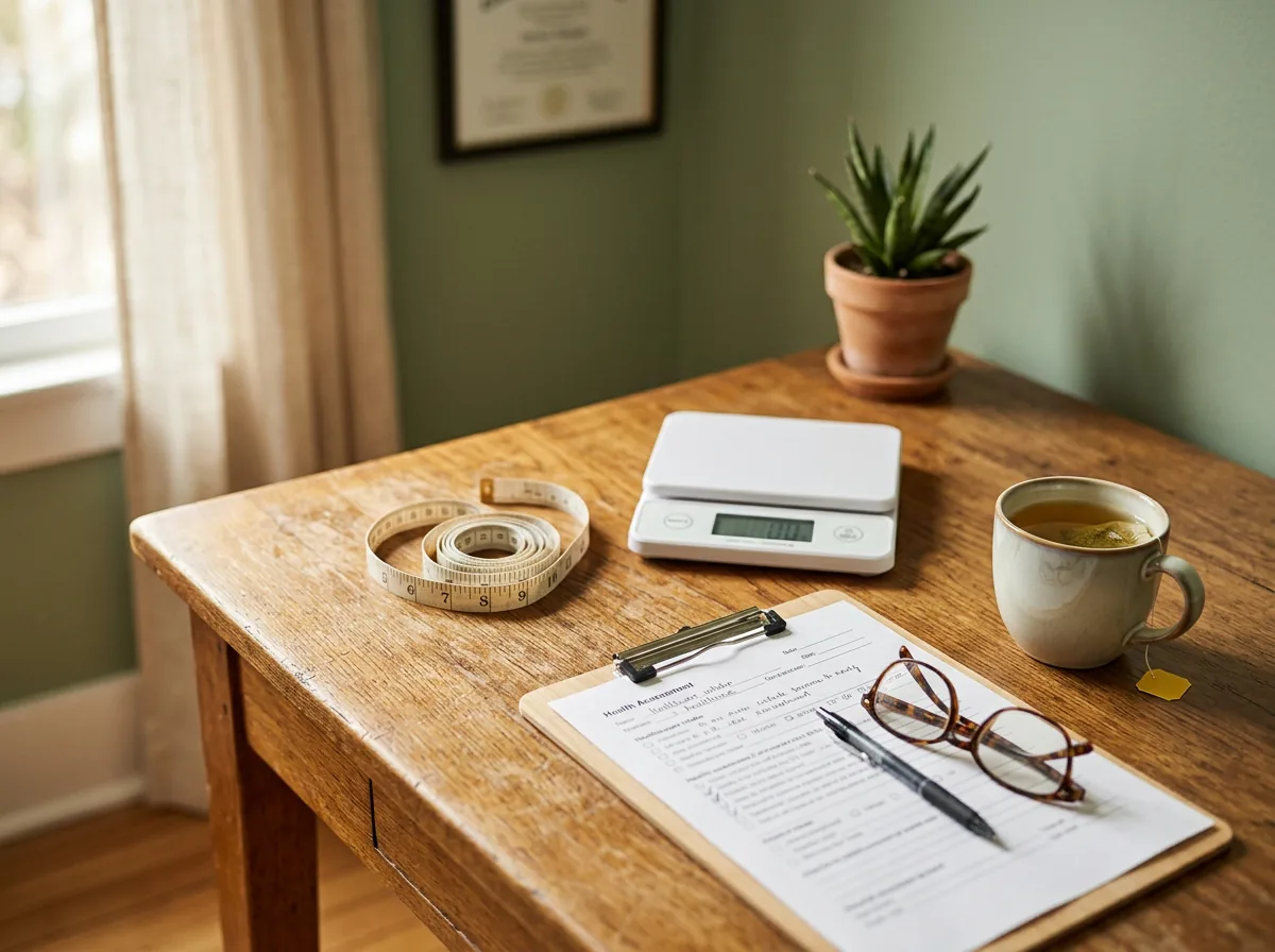 Mesa de valoración con cinta métrica, báscula y formulario clínico